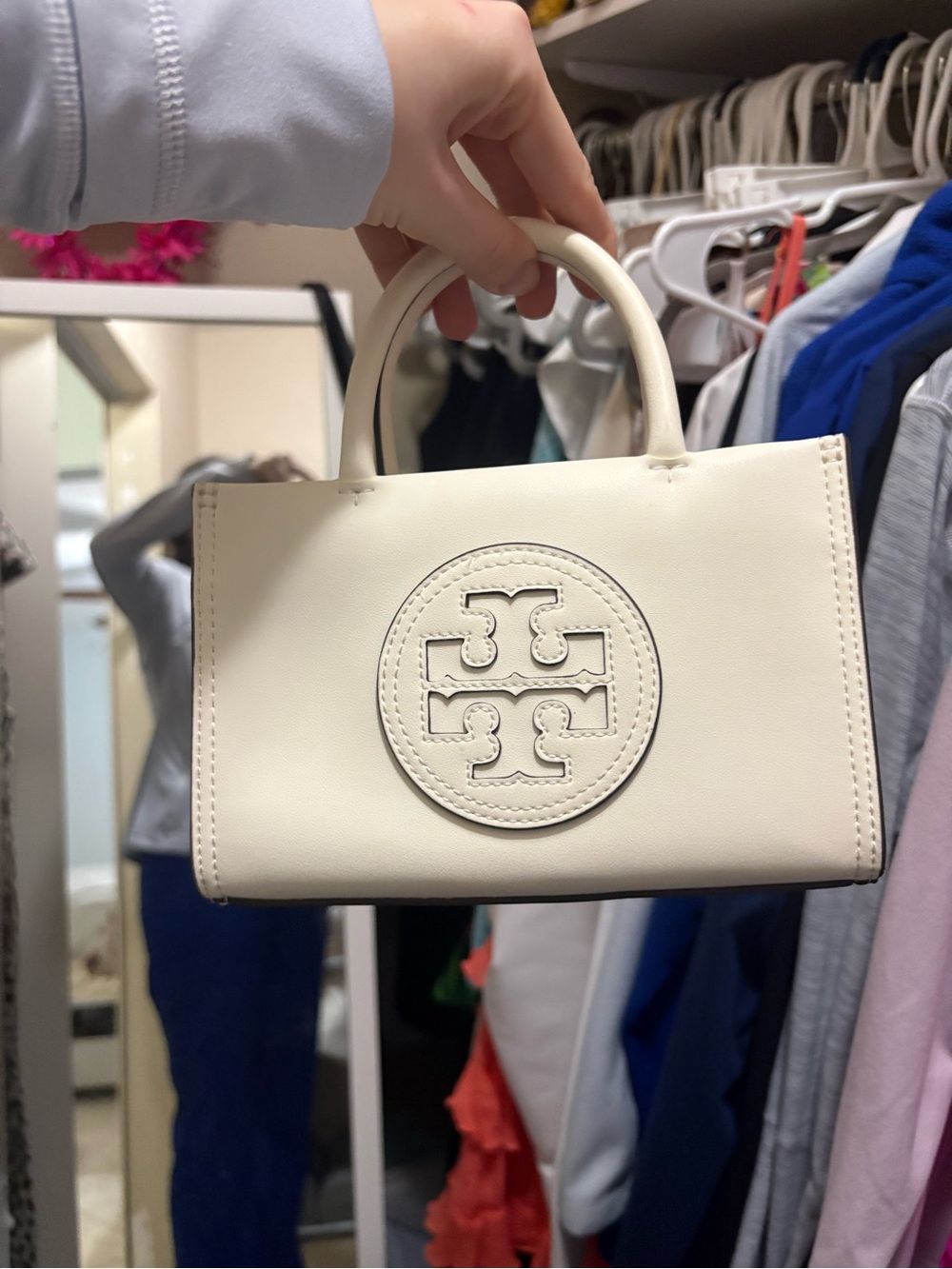Tory Burch Ivory Leather Mini Tote with Logo Medallion